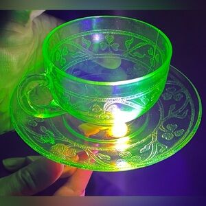 Rare Vintage 1930’s Hazel Atlas Uranium Glass Tea Cup and Saucer Shamrock Motif